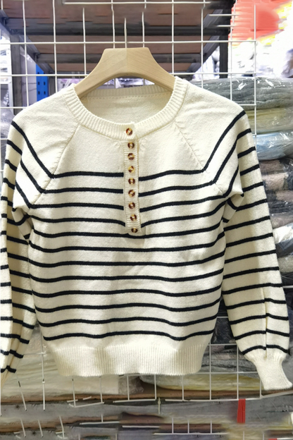 Casual Stripe Buckle Weave Contrast O Neck Sweaters