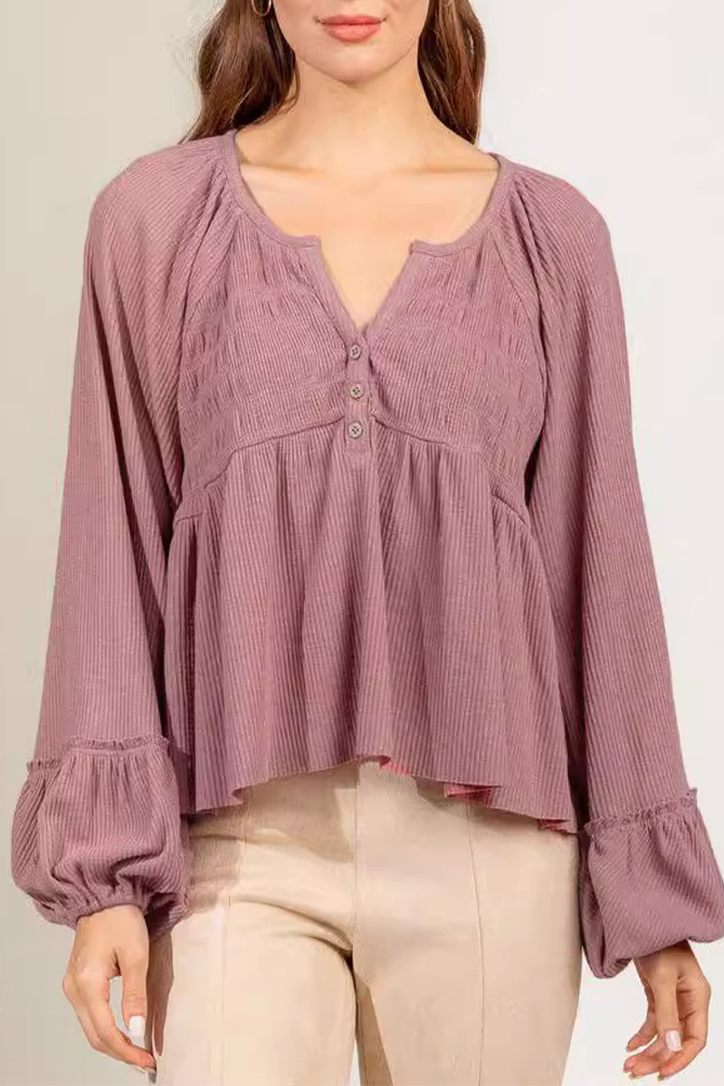 Casual Daily Solid Color Buttons Ruched Potholes V Neck Tops(5 Colors)