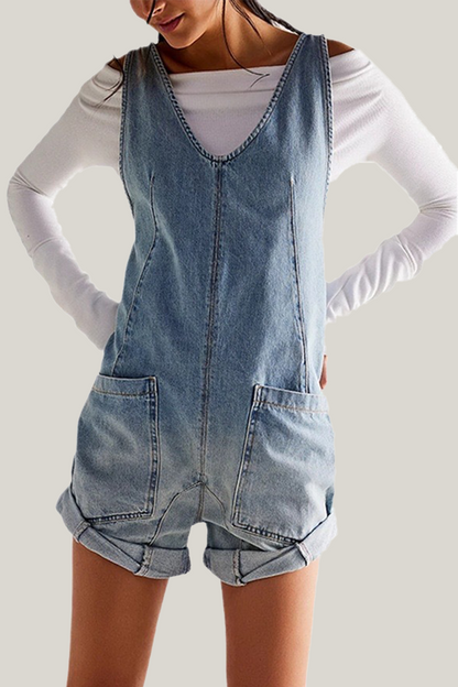 Casual Daily Gradient Print Pocket Contrast V Neck Sleeveless Straight Denim Jumpsuits