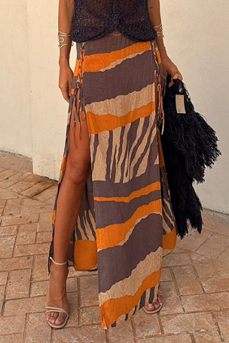 Casual Vacation Striped Print Lace Up Slit Contrast Loose High Waist Type A Full Print Bottoms