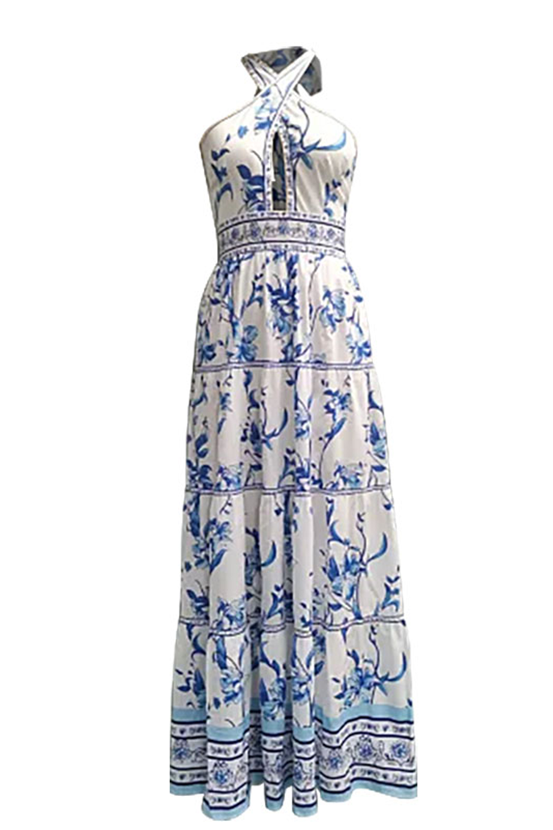 Vacation Elegant Floral Print Hollow Out Backless Halter Sleeveless Dresses