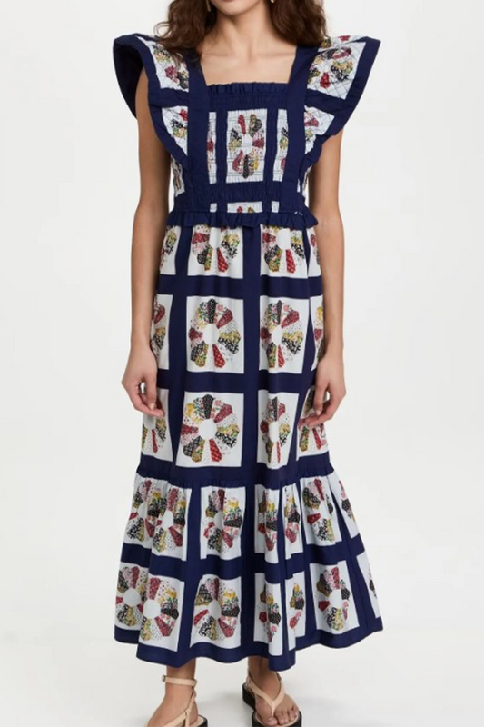 Sexy Geometric Print Patchwork Bow Decor Contrast Square Neck One Step Skirt Dresses