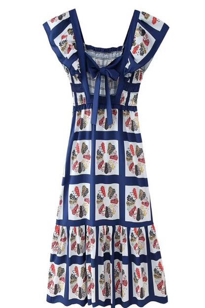 Sexy Geometric Print Patchwork Bow Decor Contrast Square Neck One Step Skirt Dresses