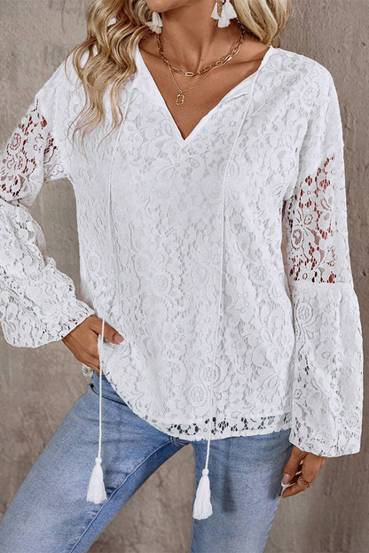 Casual Solid Color Lace Fringed Trim Hollow Out V Neck Tops(4 Colors)