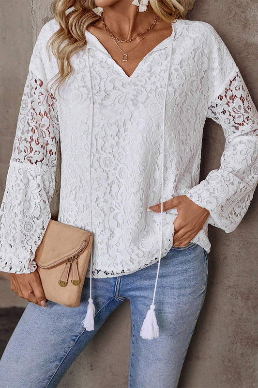 Casual Solid Color Lace Fringed Trim Hollow Out V Neck Tops(4 Colors)