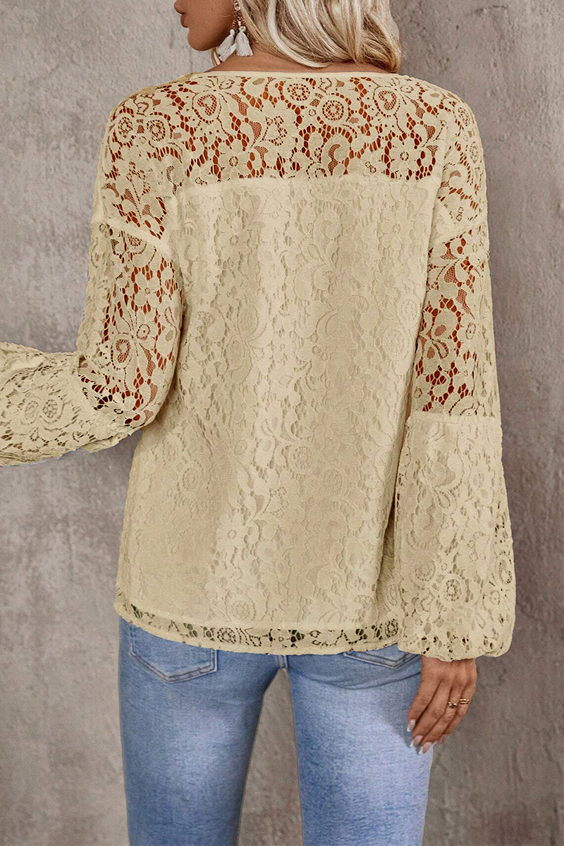 Casual Solid Color Lace Fringed Trim Hollow Out V Neck Tops(4 Colors)