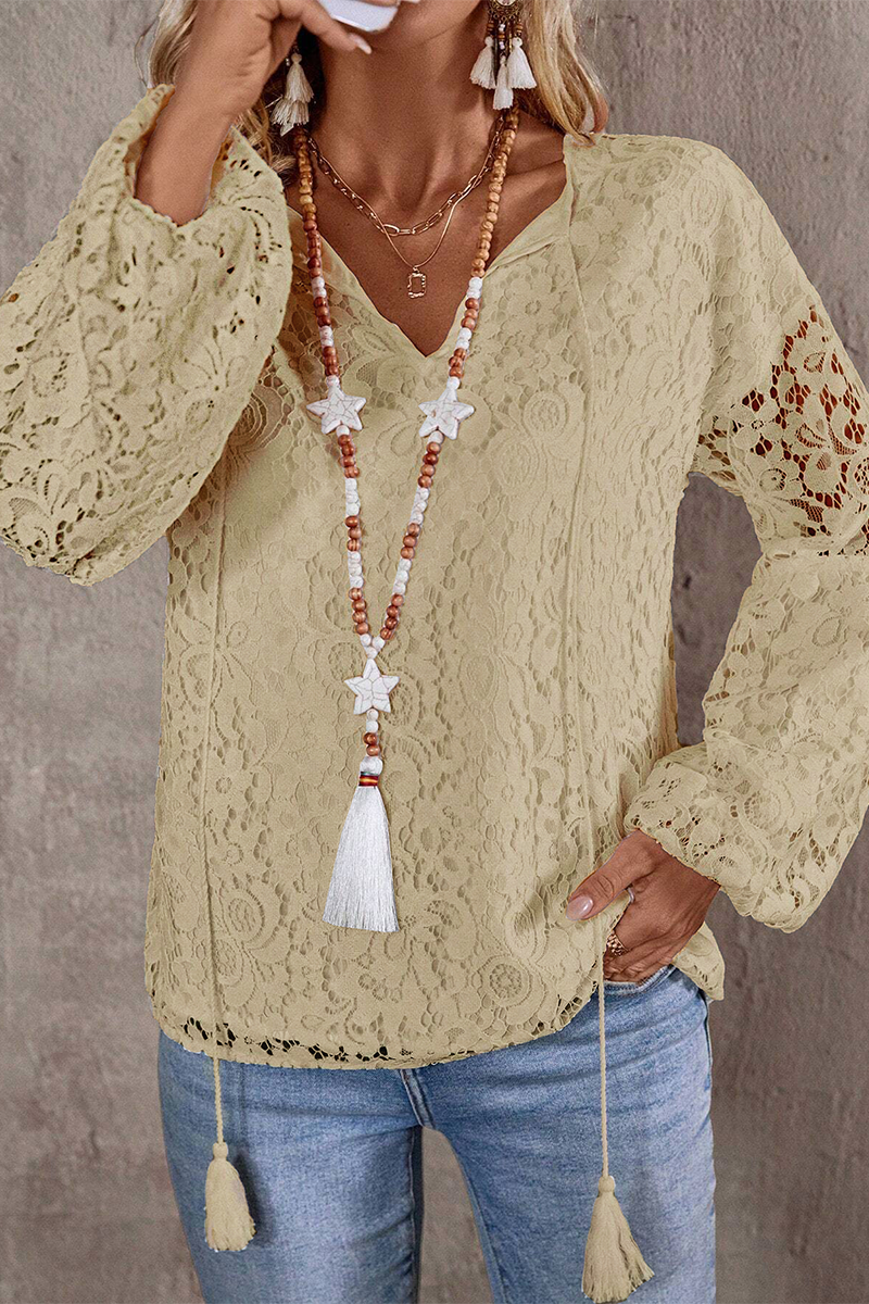 Casual Solid Color Lace Fringed Trim Hollow Out V Neck Tops(4 Colors)