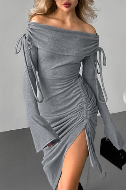 Sexy Solid Color Draw String Off Shoulder Wrapped Skirt Dresses