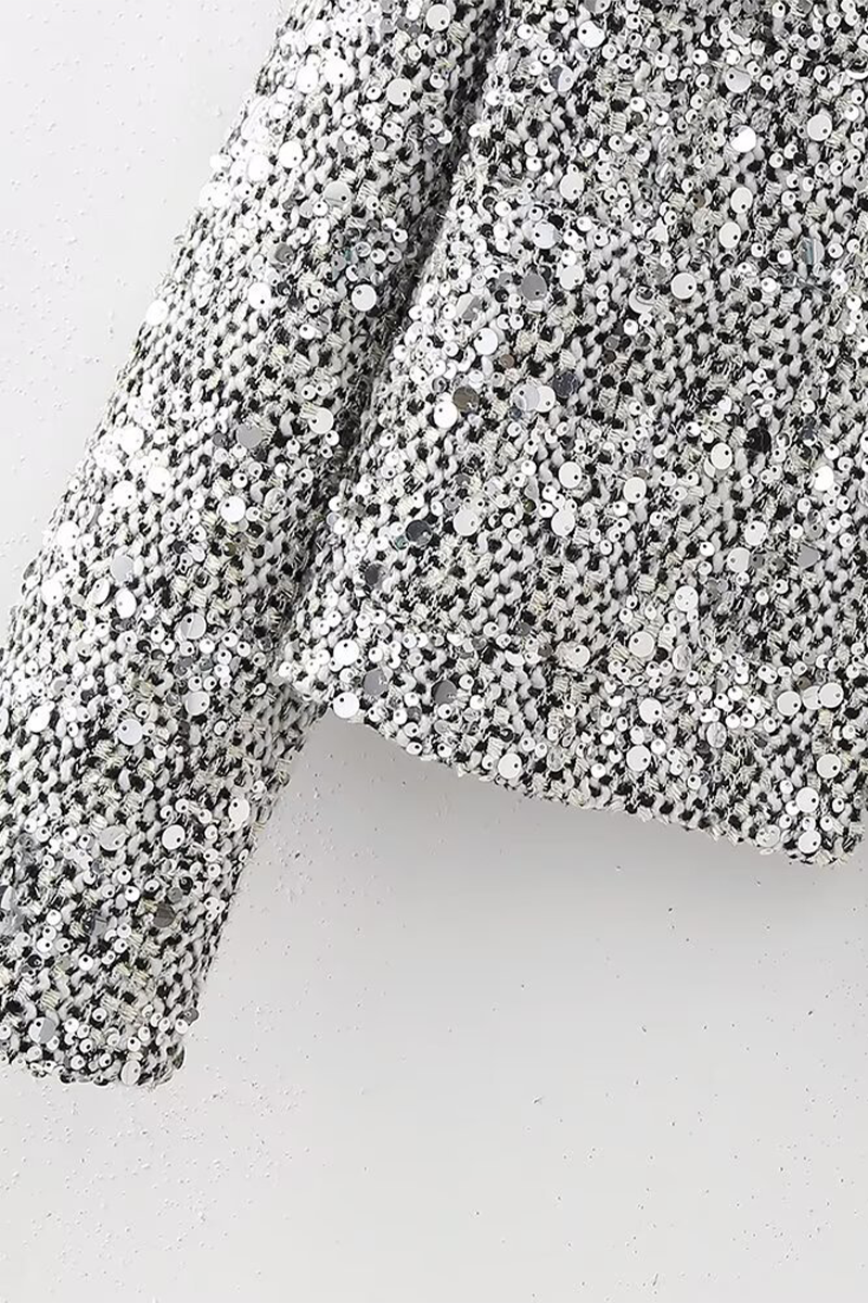 Casual Solid Color Sequins Patchwork O Neck Outerwear