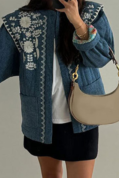 Casual Flowers Embroidered Buckle Patchwork O Neck Outerwear