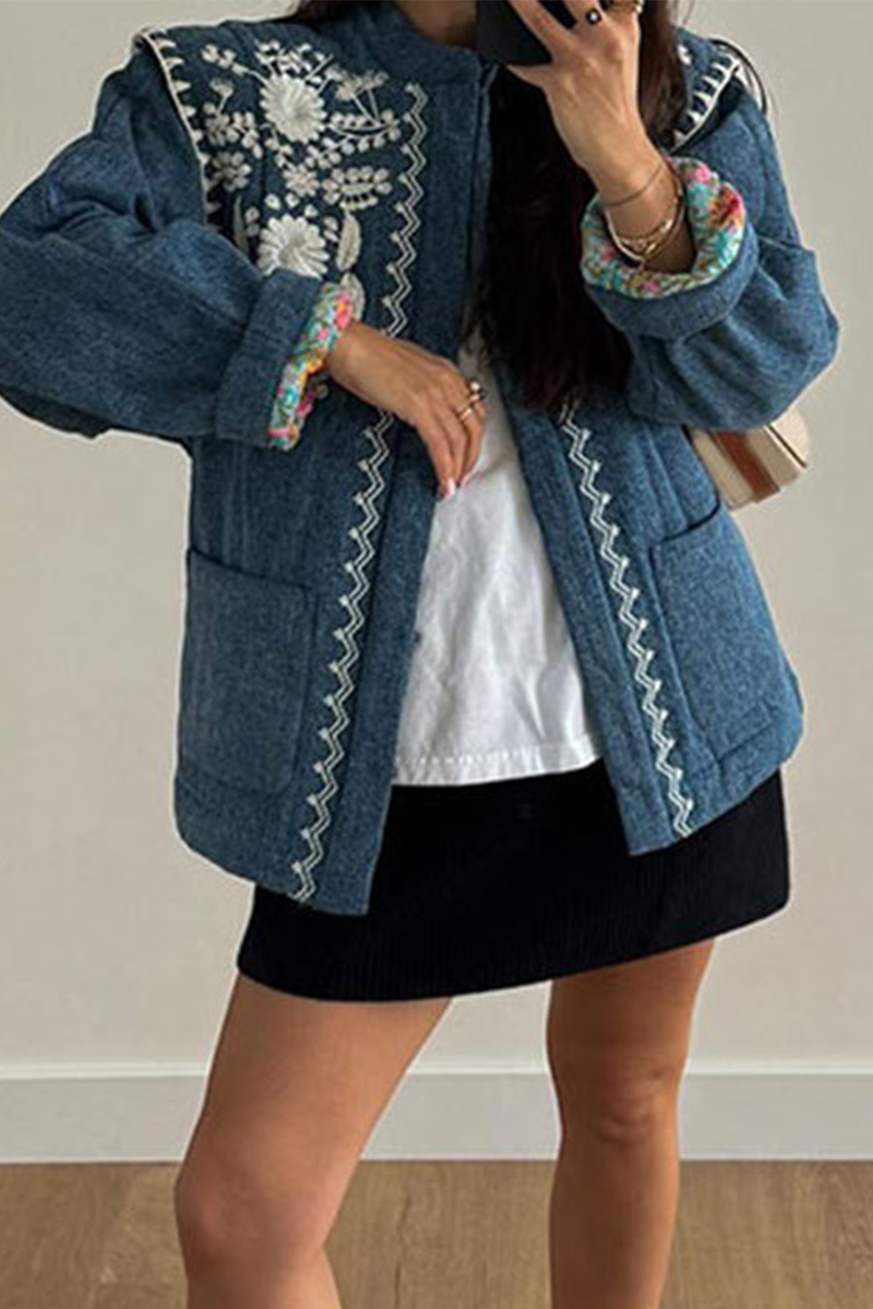 Casual Flowers Embroidered Buckle Patchwork O Neck Outerwear