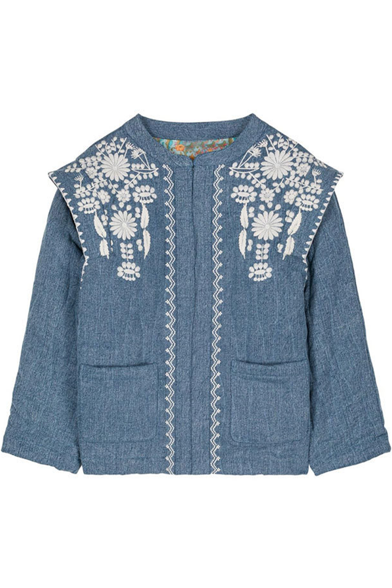 Casual Flowers Embroidered Buckle Patchwork O Neck Outerwear