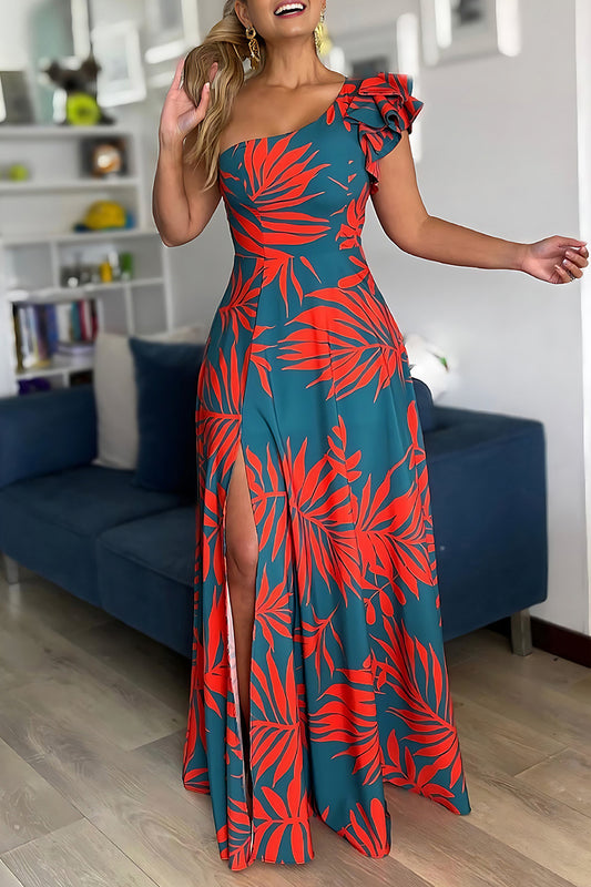 Elegant Print Patchwork Backless High Slit Ruffled Trim Oblique Collar Long Dresses