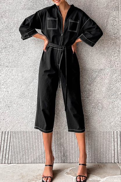 Casual Solid Color Lace Up Patchwork Turndown Collar Loose Jumpsuits