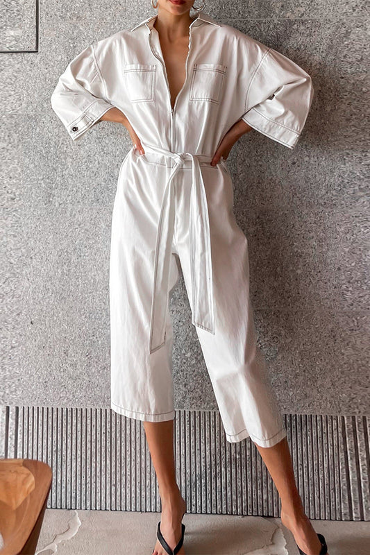 Casual Solid Color Lace Up Patchwork Turndown Collar Loose Jumpsuits