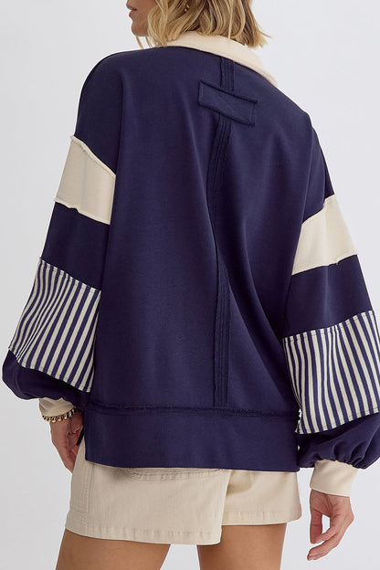 Casual Street Stripe Patchwork Contrast Turndown Collar Hoodies(8 Colors)