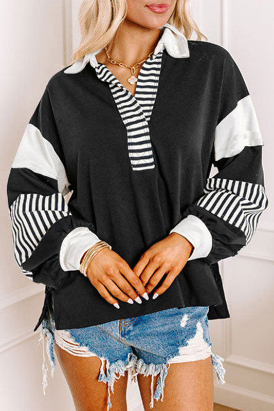 Casual Street Stripe Patchwork Contrast Turndown Collar Hoodies(8 Colors)