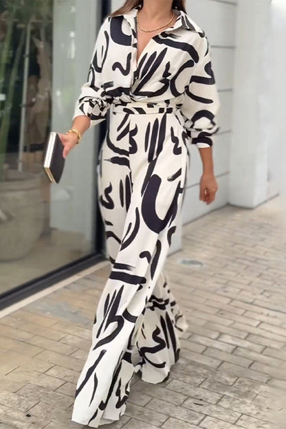 Casual Street Geometric Print Lace Up Turndown Collar Loose Jumpsuits