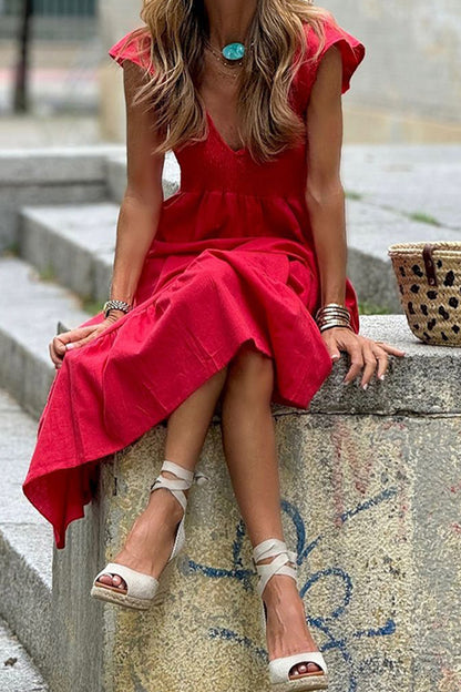 Casual Solid Color Ruffle V Neck A Line Dresses