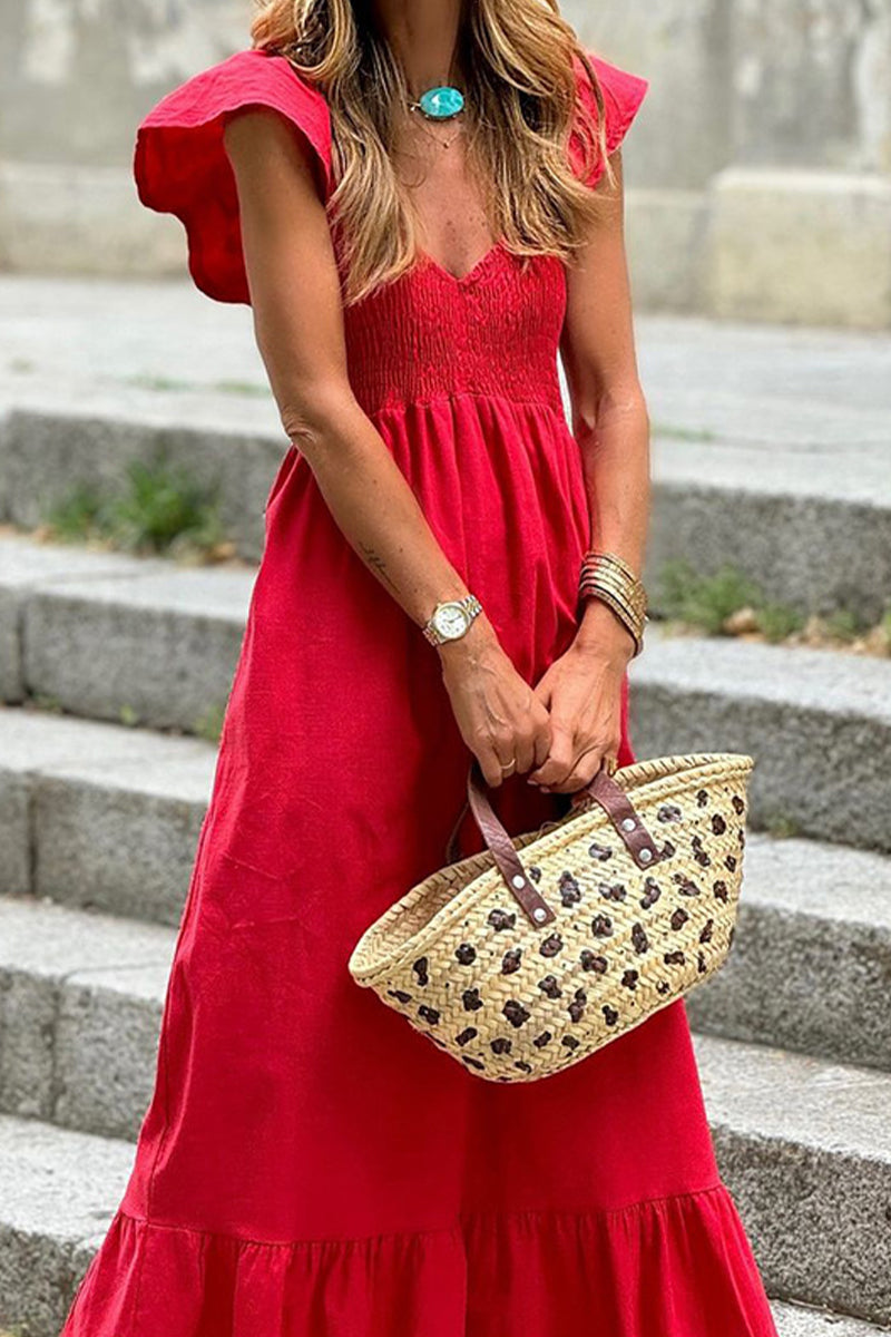 Casual Solid Color Ruffle V Neck A Line Dresses