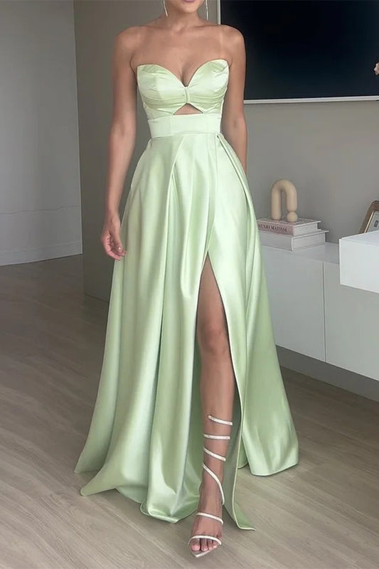 Sexy Prom Solid Color Slit Irregular Strapless Evening Dresses