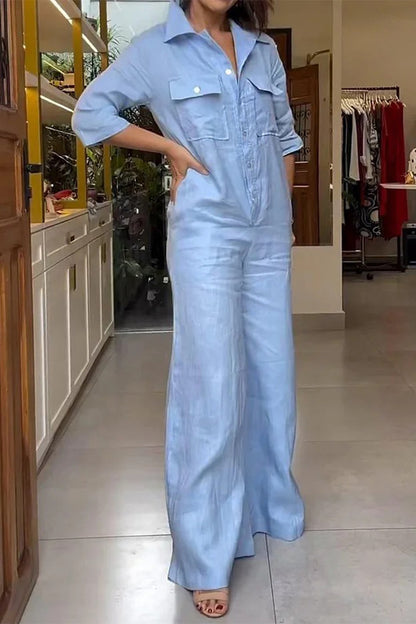 Casual Daily Pocket Turndown Collar Loose Jumpsuits