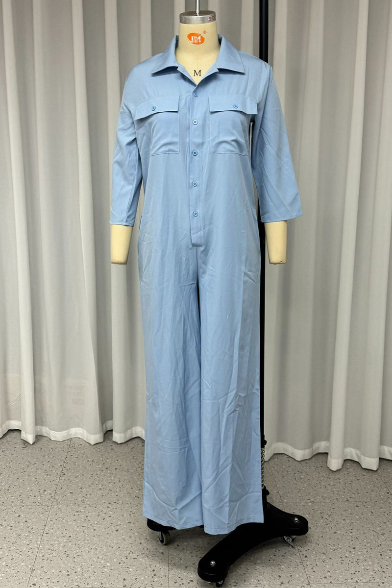 Casual Daily Pocket Turndown Collar Loose Jumpsuits