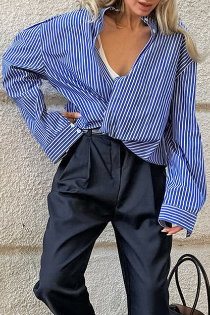 Casual Street Striped Print Buttons Turndown Collar Blouses