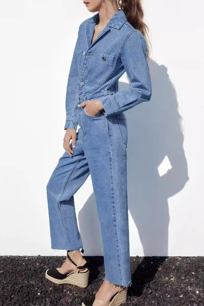 Casual Street Pocket Buttons Turndown Collar Long Sleeve Loose Denim Jumpsuits