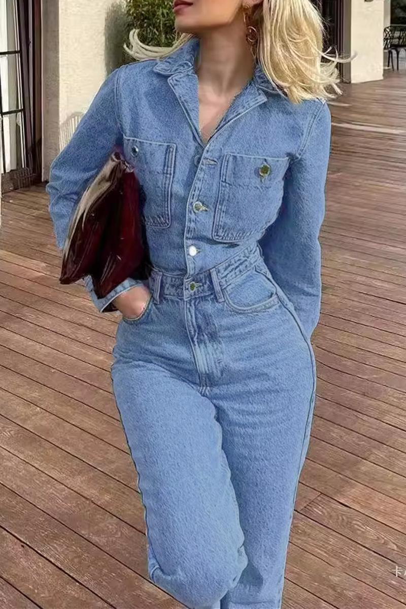 Casual Street Pocket Buttons Turndown Collar Long Sleeve Loose Denim Jumpsuits