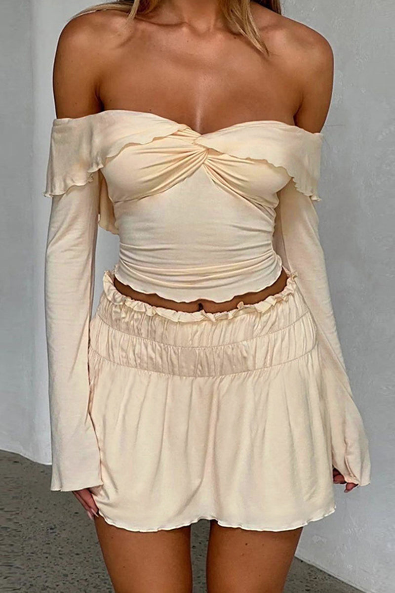 Sexy Ruffle Ruched Off Shoulder Long Sleeve Two Pieces