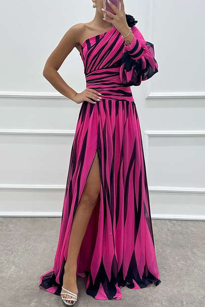 Sexy Prom Striped Print Slit Irregular Sloping Shoulder Evening Dresses(4 Colors)