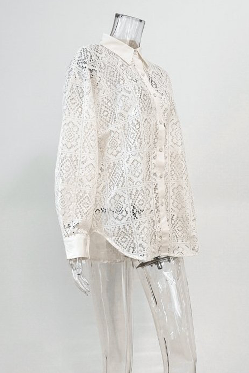 Casual Hollow Out See-Through Turndown Collar Blouses