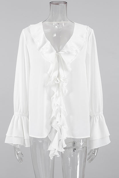 Elegant Solid Color Ruffle V Neck Blouses