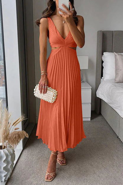 Summer Social Stain Pleated Cutout Waist Loose Midi(6 Colors)