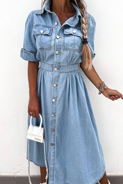 Casual Street Buttons Patchwork Turndown Collar Short Sleeve Loose Denim Dresses