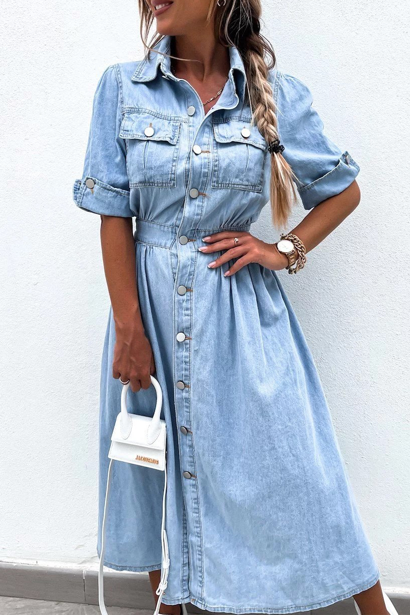 Casual Street Buttons Patchwork Turndown Collar Short Sleeve Loose Denim Dresses