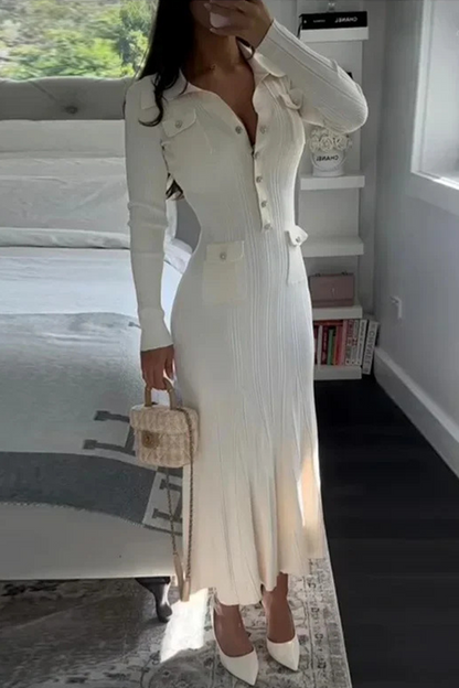 Celebrities Elegant Pocket Buckle Ruffle Turndown Collar Long Sleeve Dresses