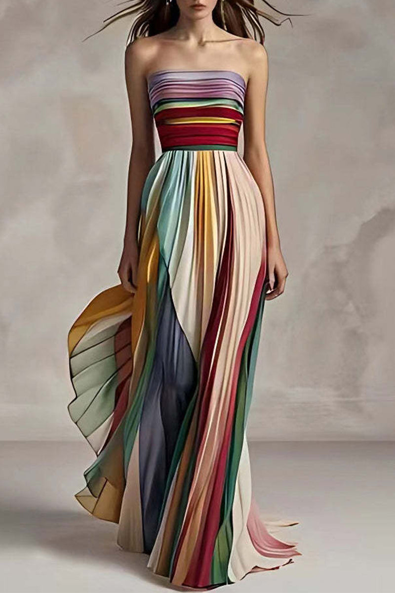 Sexy Colorblock Pleated Contrast Strapless Evening Dresses