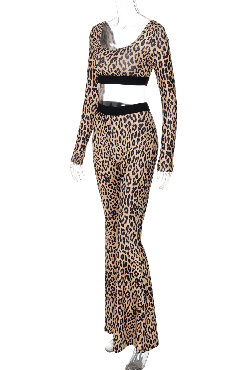 Sexy Street Leopard Patchwork U Neck Long Sleeve Two Pieces