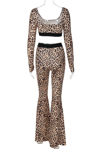 Sexy Street Leopard Patchwork U Neck Long Sleeve Two Pieces