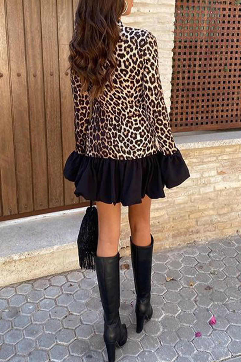 Street Elegant Leopard Patchwork Ruffle Half A Turtleneck Mini Dresses