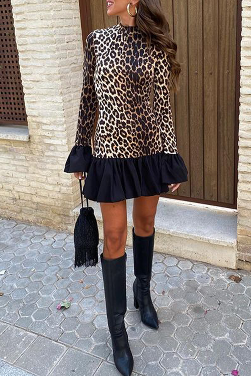 Street Elegant Leopard Patchwork Ruffle Half A Turtleneck Mini Dresses