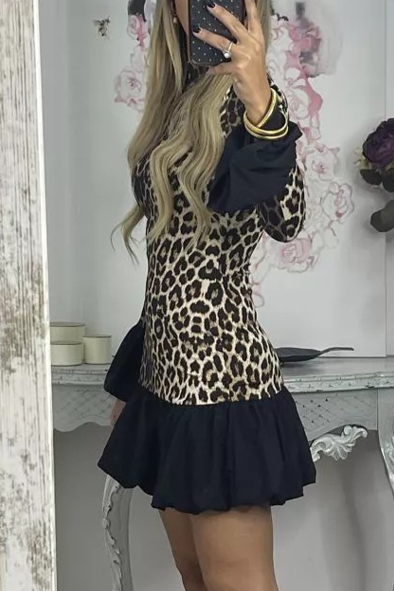 Street Elegant Leopard Patchwork Ruffle Half A Turtleneck Mini Dresses