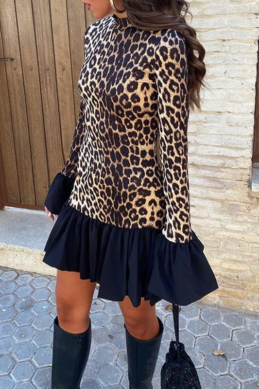 Street Elegant Leopard Patchwork Ruffle Half A Turtleneck Mini Dresses