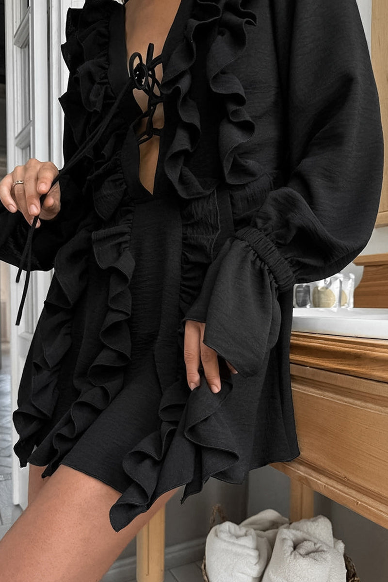 Sexy Lace Up Ruffle V Neck A Line Dresses