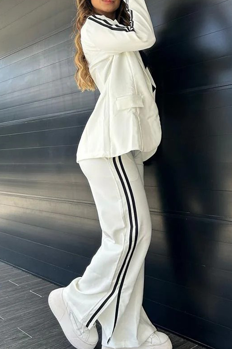 Casual Street Stripe Patchwork Slit Turn-back Collar Long Sleeve Two Pieces(5 Colors)