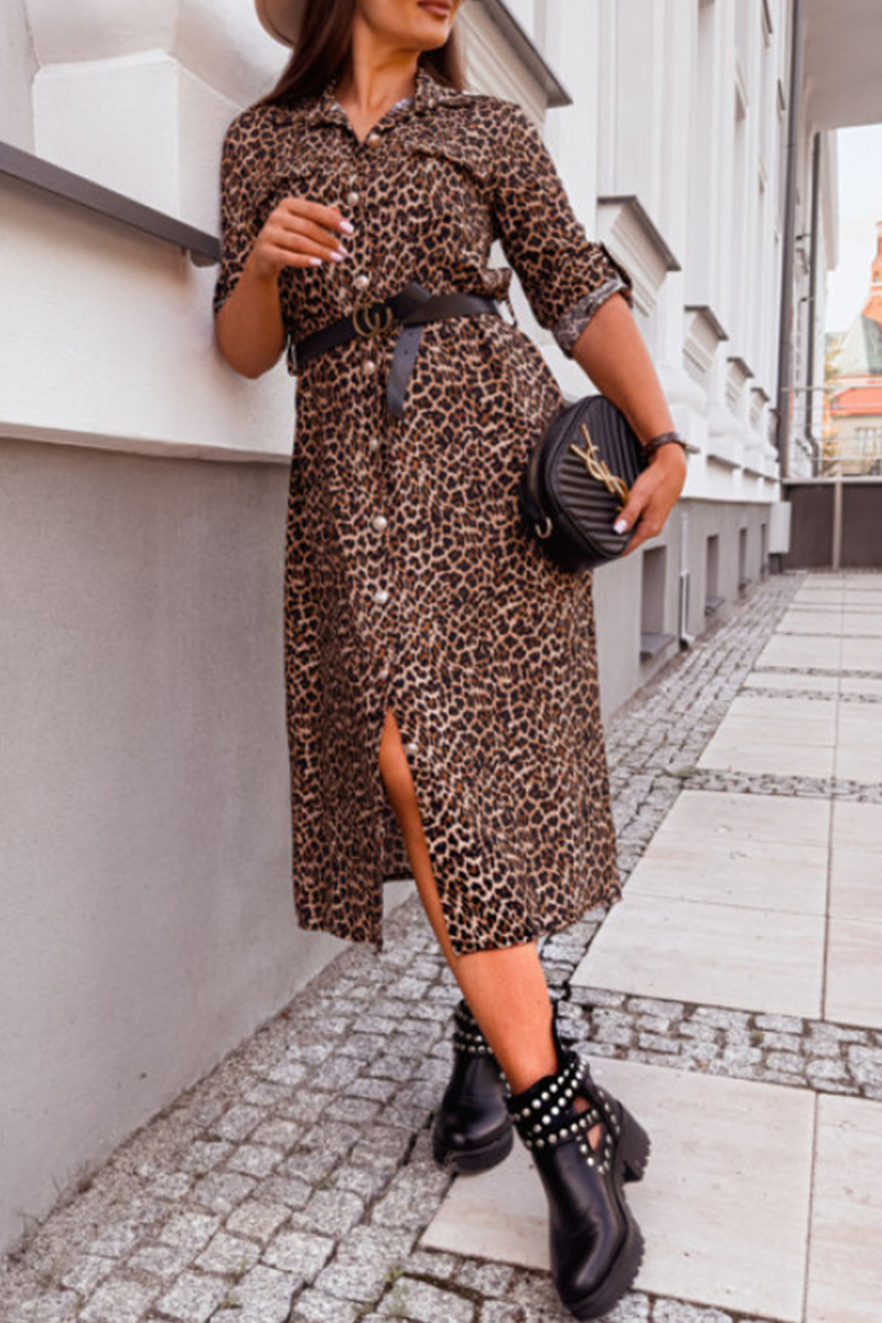 Street Elegant Zebra Print Leopard Buttons Turndown Collar Shirt Dresses