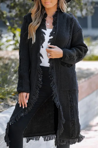 Casual Fringed Trim Weave Cardigan Collar Outerwear(3 Colors)