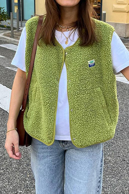 Casual Street Pocket Buttons Fluffy O Neck Waistcoats(3 Colors)